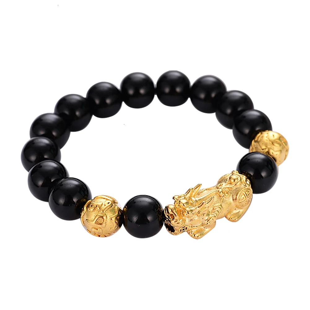 Модный браслет со счастливым имитацией обсидиана животное пиксиу золотой цвет