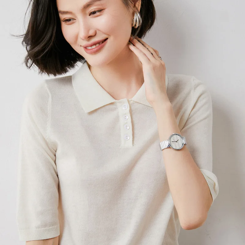 

2021 spring and autumn new thin 5 / sleeve fine imitation sweater women's middle sleeve half sleeve knitted polo shirt solid