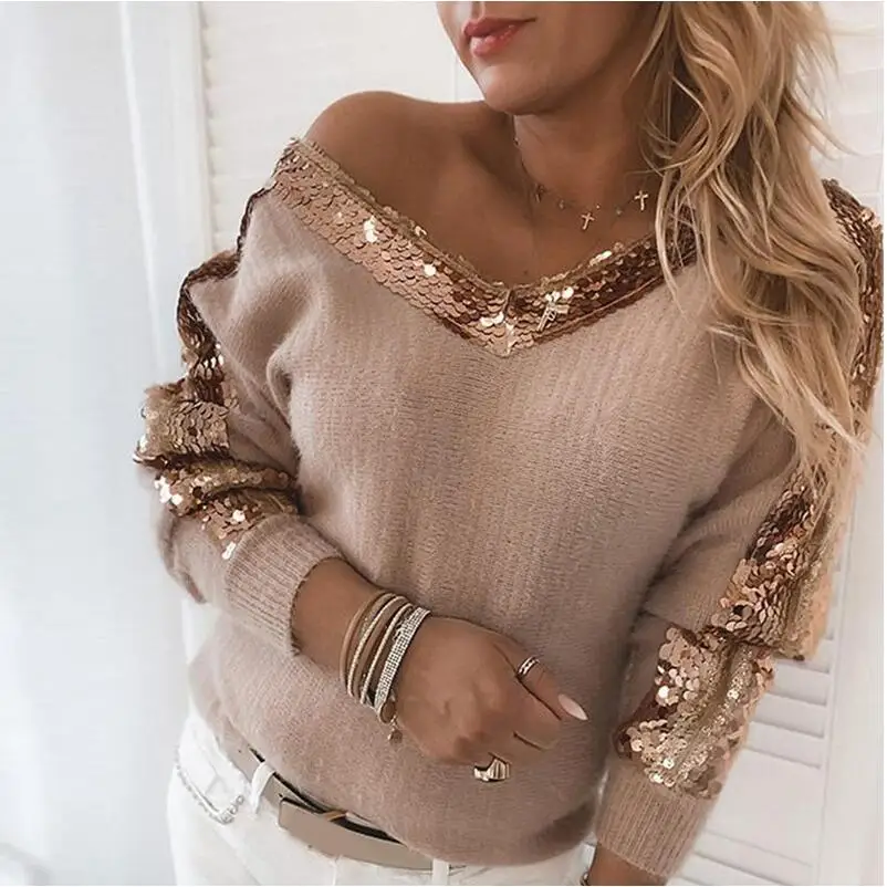 

Elegant Off Shoulder Autumn Sweaters V Neck Vintage Sequin Patchwork Knitted Sweater 2020 Casual Women Long Sleeve Pullover Tops