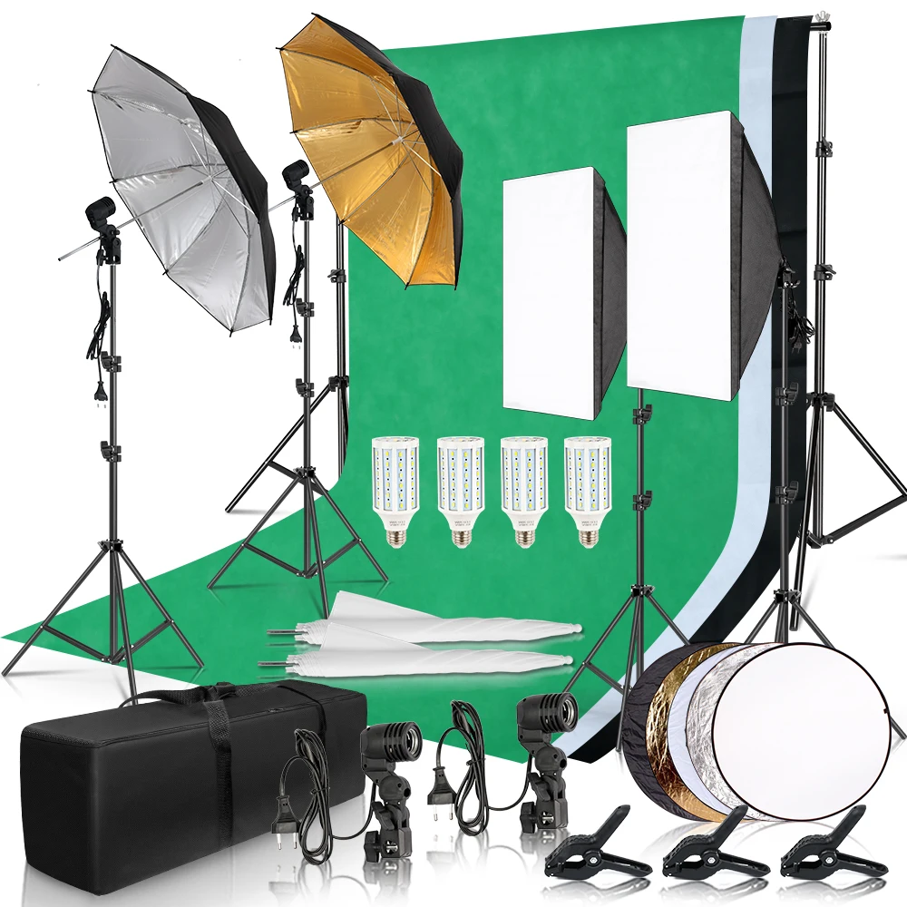 Fotografie Foto Studio Softbox Beleuchtung Kit Mit 2,6 x3M Hintergrund Rahmen 3 stücke Kulissen Stativ Reflektor Board 4 Regenschirm