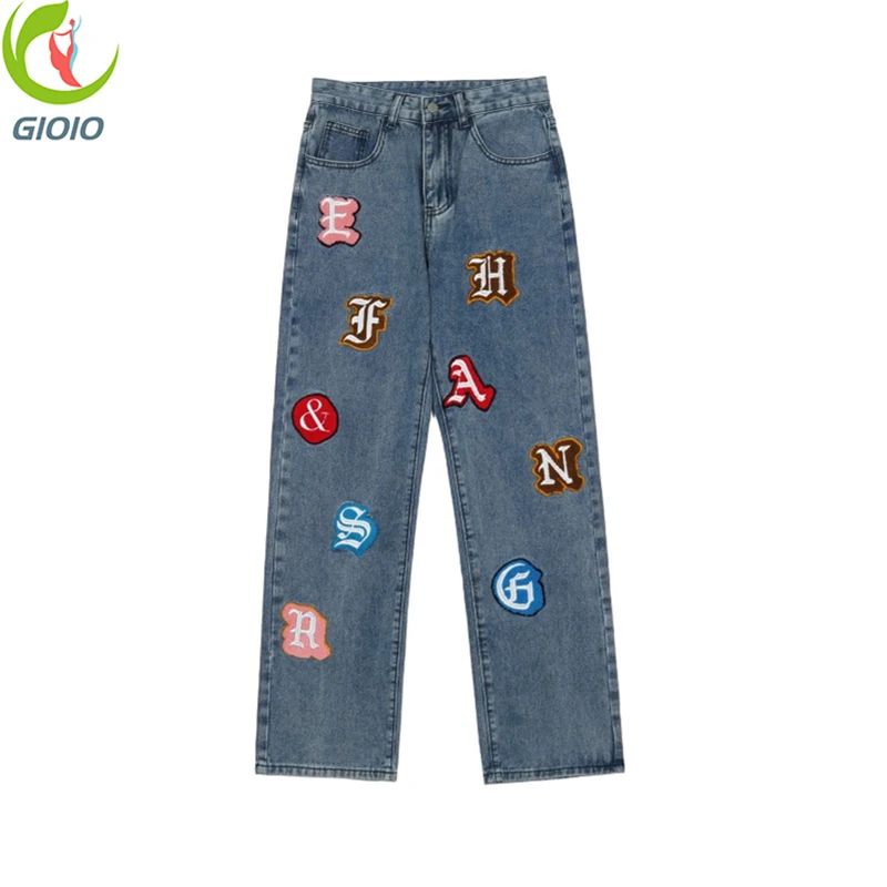 

Autumn High Street Harajuku Flocking Embroidery Washed Jeans Women Retro Loose High Waist Straight Show Thin Denim Pants