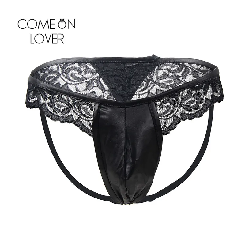 

Comeonlover Hot Sale Sexy Male Thong Fashionable Perspective Lace Low-Waist Underwear Erotic Leather Bulge Pouch Briefs MPI063