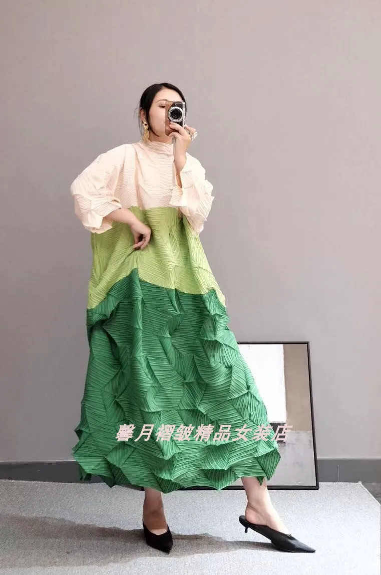 Miyake модные раза Алмазный плиссированное платье с рукавом три четверти в стиле пэчворк, воротник-стойка, свободные бутон платье