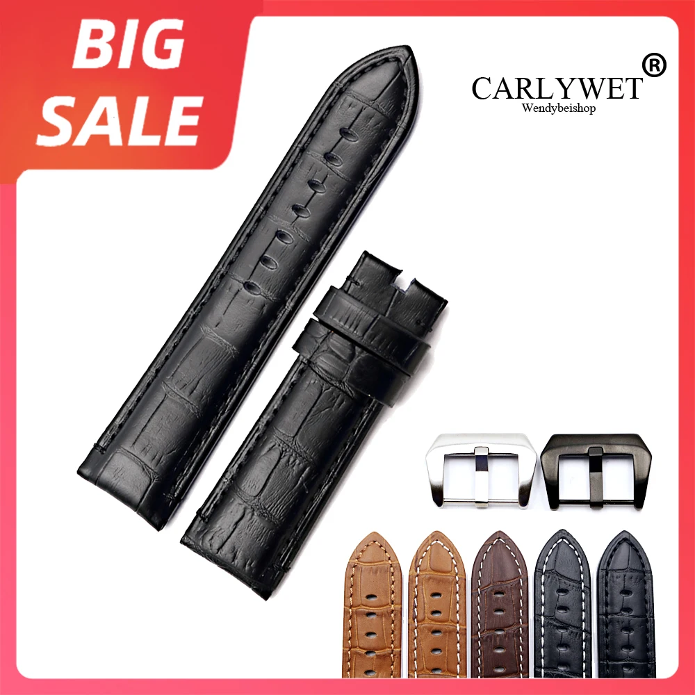 

CARLYWET 22 24mm TOP Black Luxury Watch Band Real Leather Handmade Thick Replacement Wrist Strap Belt Screw Buckle For Panerai