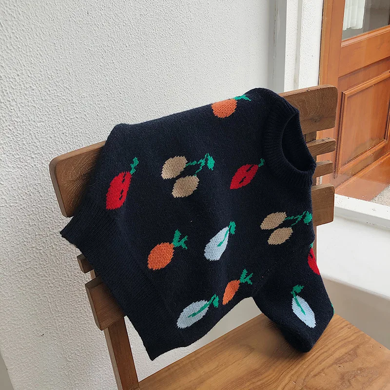 Осенне-зимний вязаный свитер для маленьких девочек с вишневым принтом