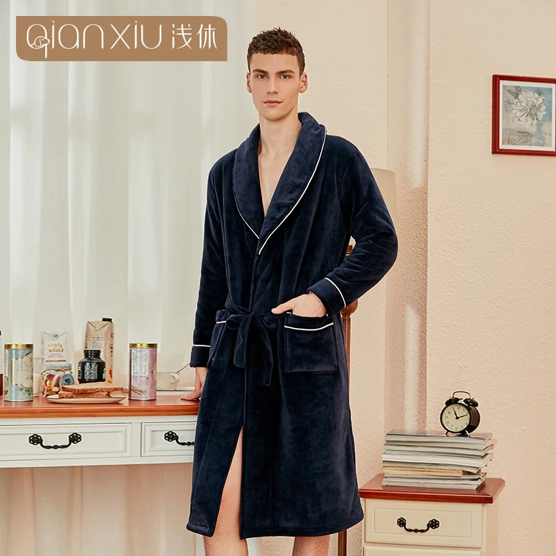 Мужское повседневное кимоно халат Осень-зима фланелевый длинный толстый теплый