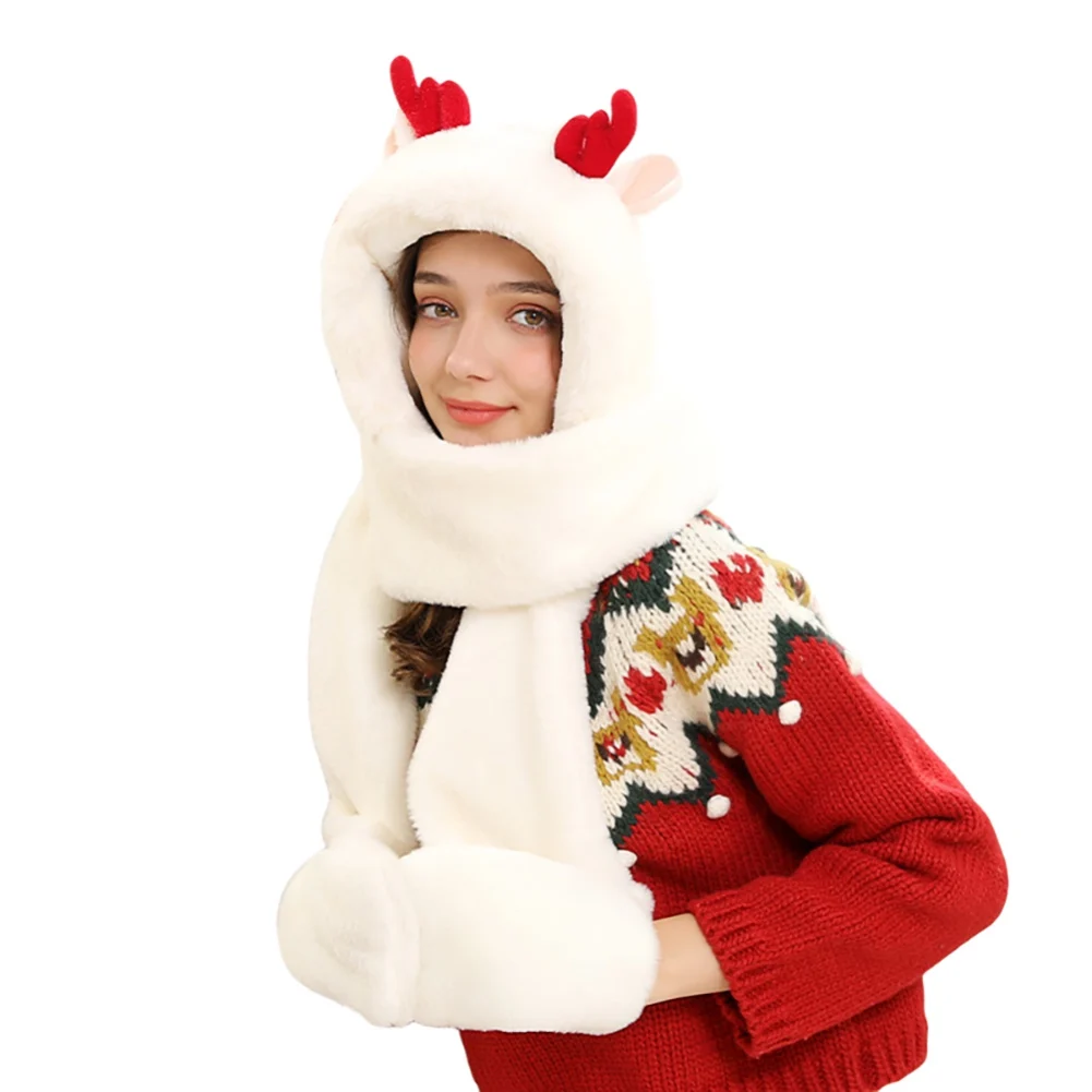 

Winter Hat Scarf Gloves Set Three In One Cute Antlers Warm Caps Fluffy Thick Collar For Girls Buttfly Christmas Wear