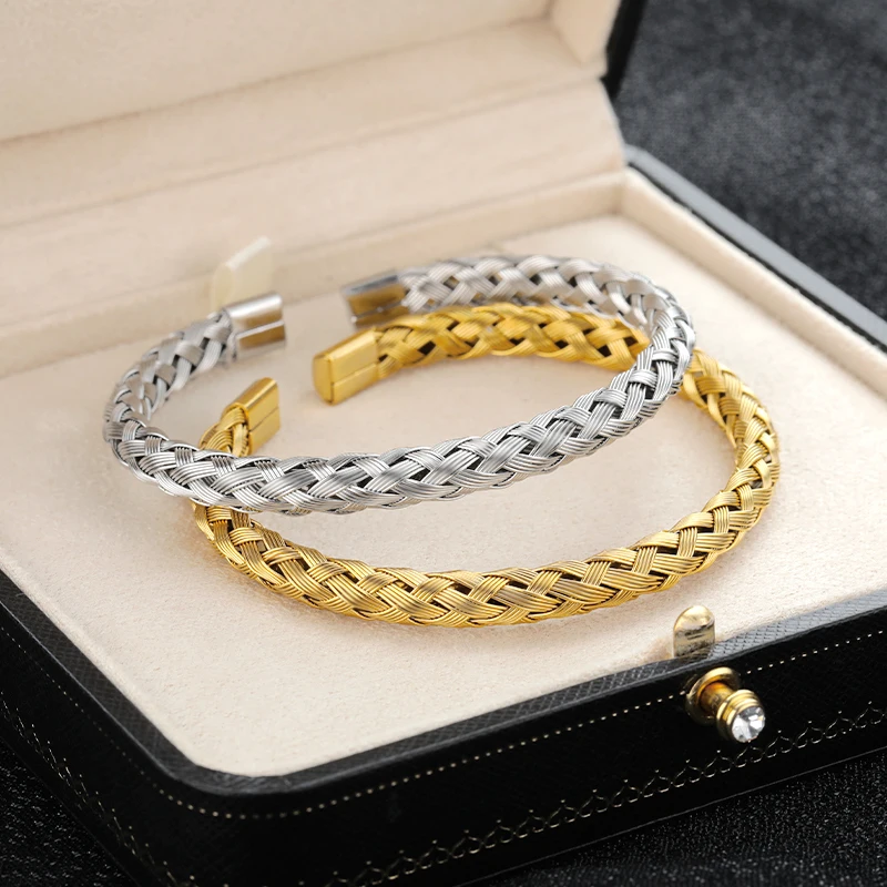 

Punk Weave Bangles For Women Men Gold Stainless Steel Mesh Bracelet Opening Clasp Charms Bracelets Jewlery Accessories 2021 BFF