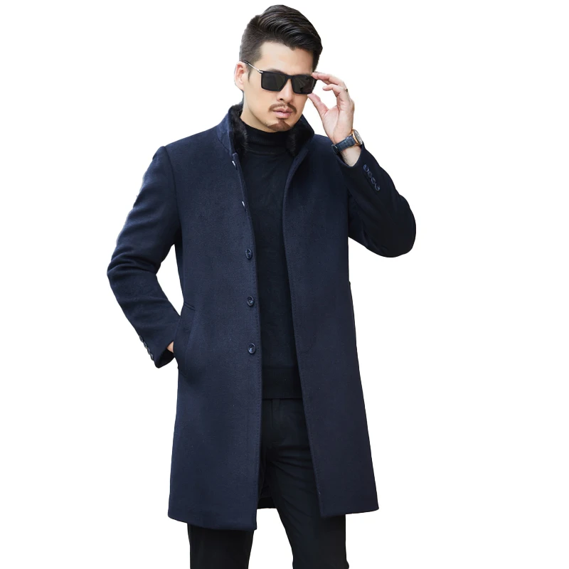 

Однобортное длинное пальто, повседневные мужские куртки из смешанной шерсти, зимнее пальто и меховой воротник из норковой шерсти