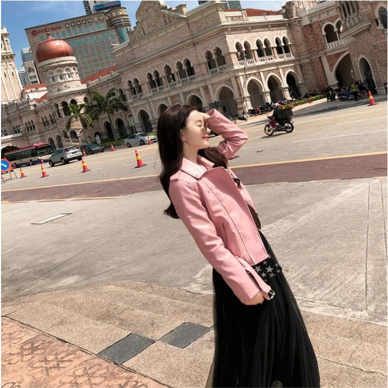 

Black With Belt Side Zippers Women's Faux Leather Jackets Pink Motorcycle Short PU Coats Spring New Cool Outerwear DS50877