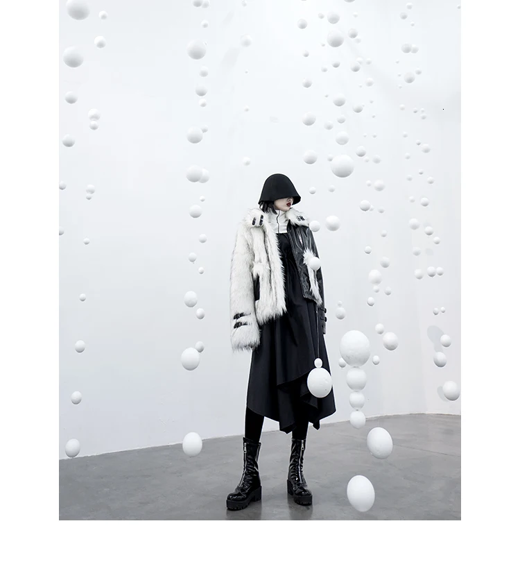 [DEAT]Loose Fit Leather Spliced Hit Color Warm Woolen Coat Parkas New Lapel Long Sleeve Women Fashion Autumn Winter 13E858