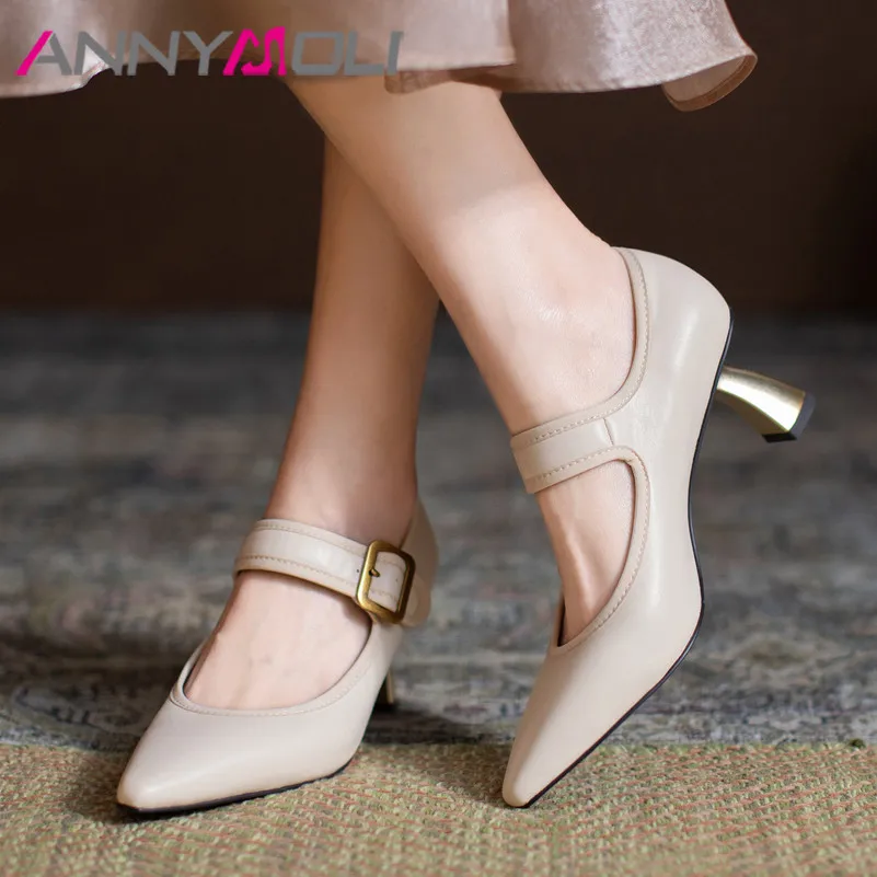 

ANNYMOLI Women Pointed Toe Mary Janes Shoes Fashion Strange Style Heels Pumps High Heel Buckle Party Footwear Ladies Beige 33 40
