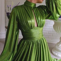women shiny olive green dresses autumn long sleeve evening party dress hollow out maxi slit big swing gowns sexy ladies