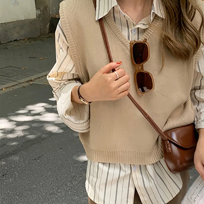 

Knit Fold Wear Vest Female New Autumn 2021 Loose Korean Thin Style Outside Wear Vest Jacket Sweet Temperament Light Brown Jacket