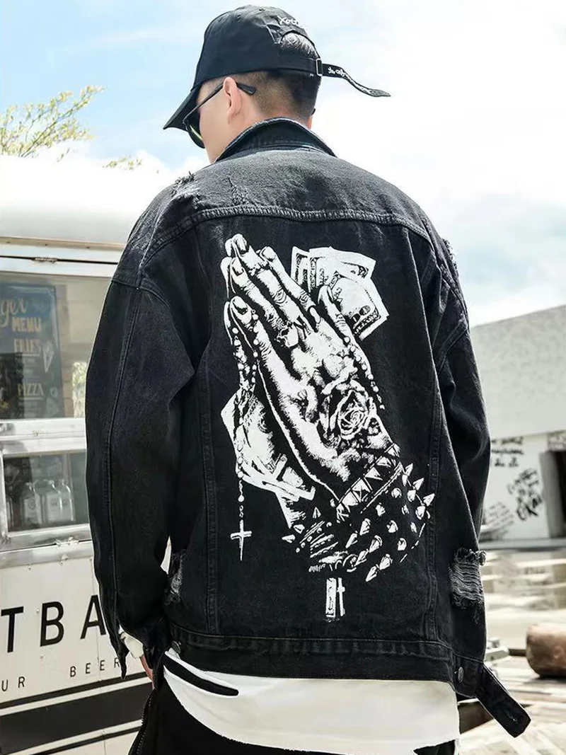 Харадзюку ручная печать Hole Chaqueta Hombre уличная джинсовая куртка мужская с отворотом