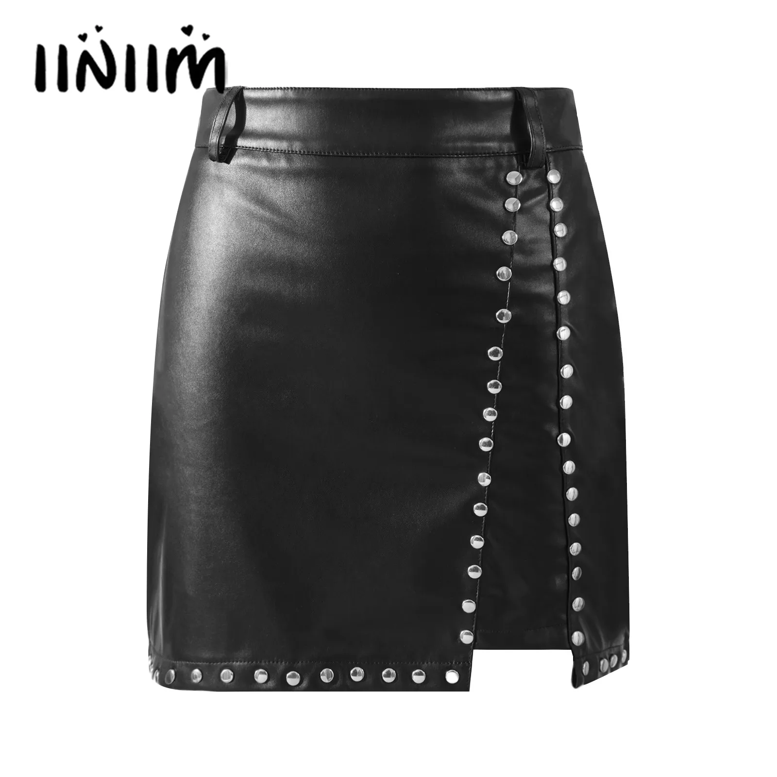 

Womens Rivet Faux Leather Pencil Skirt Wetlook Clubwear High Waist Invisible Zipper Slim Fit Miniskirt for Office Party Club