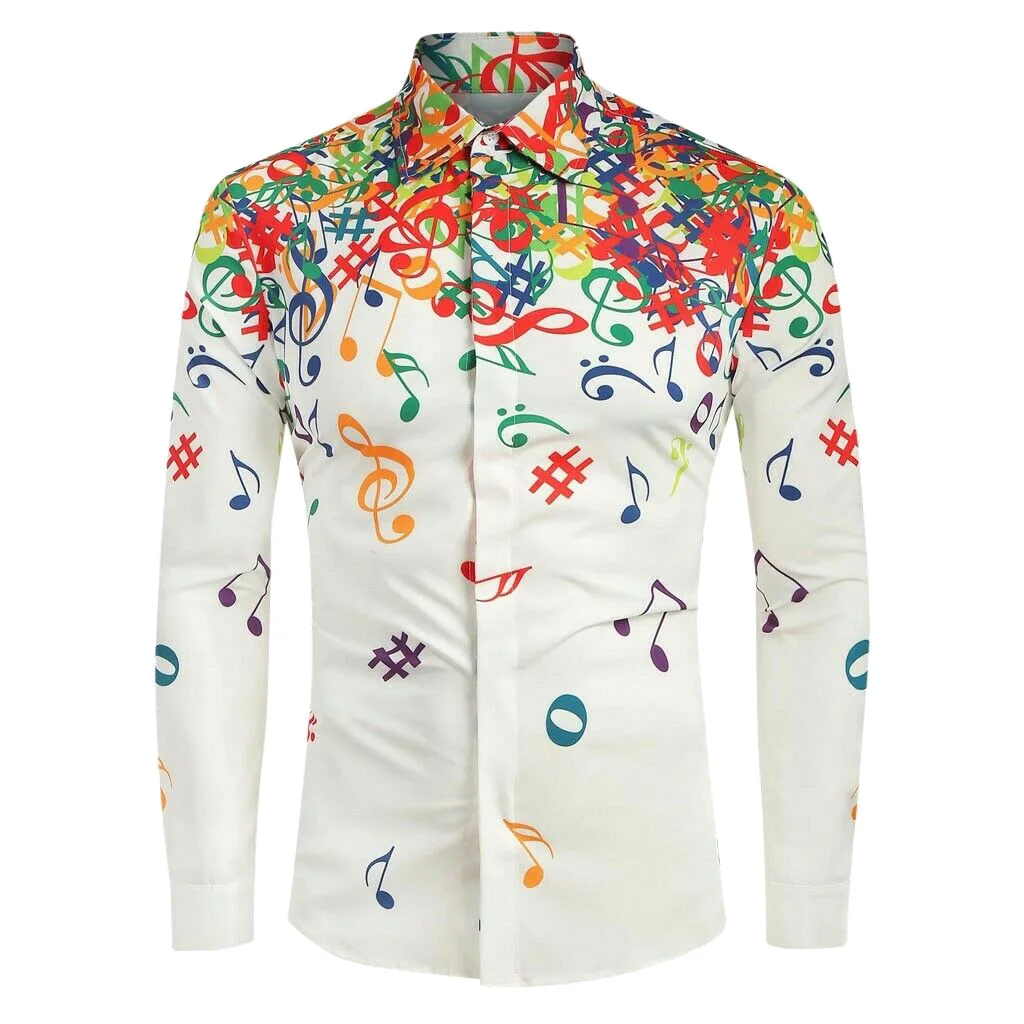 

Men Casual Novelty Musical Note Pattern Long Sleeves Shirt Top Blouse for Party SWD889