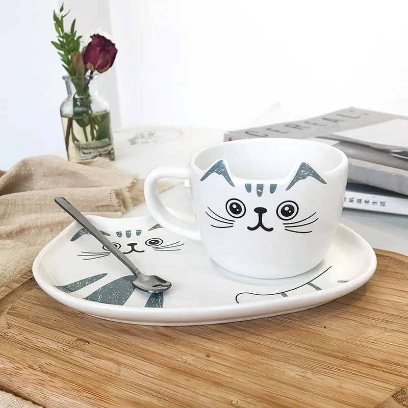 Cyan cat ears 3D форма кошки кофейная чашка с блюдцем ложка набор милый котенок блюдо послеобеденный чай чашка капучино кружка Белый Черный Желтый подарок 200 мл - Цвет: Cyan cat ears
