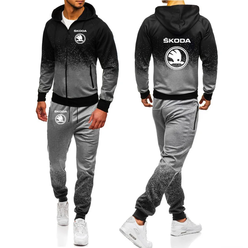 

Spring Autumn Men's hoodie Tracksuit Sets Skoda Car Logo Printed Fashion Cotton High Quality Men's jacket hoodie pants 2Pcs suit