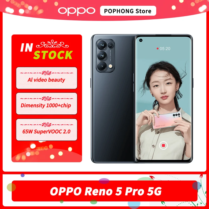 

OPPO Рино 5 Pro 5G мобильный телефон 6,55 ''90 Гц экран Dimensity 1000 + Octa Core 65 Вт Супер заряда с распознаванием лица Wi-Fi 6 NFC Google Play