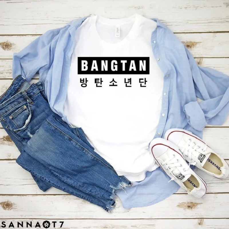 В стиле группы Bangtan Boys 방letter Letter Письмо печати Харадзюку Kpop корейский стиль Женская футболка мода короткий рукав хлопок женские летние топы