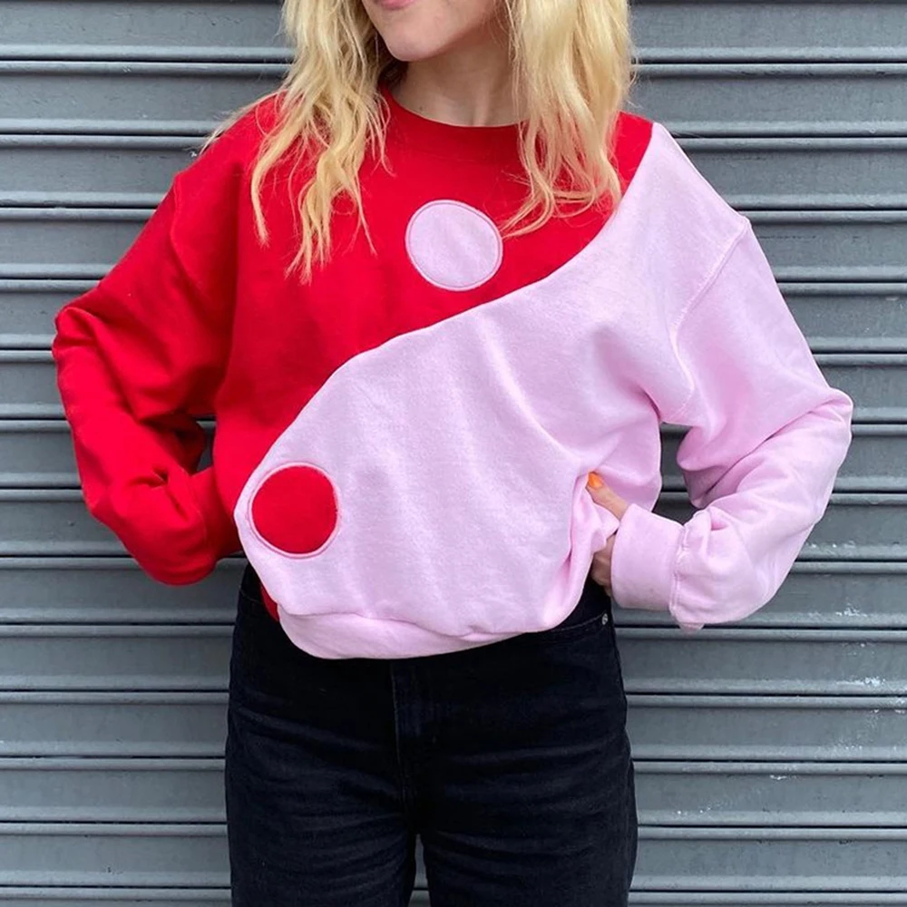 

2021 New Fashion Two-color Stitching Sweaters Gossip Pattern Casual Loose Pullover Light-colored Retro Streetwear Sweater