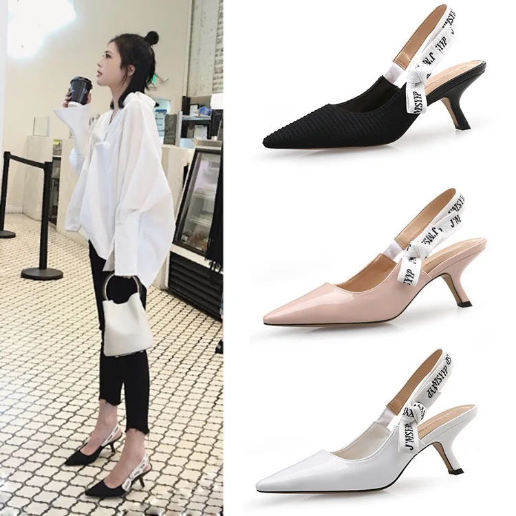 Туфли лодочки женские с ремешком на пятке стильные босоножки бантиком