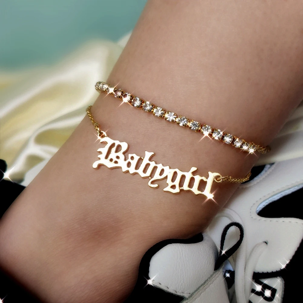 

Flatfoosie 2Pcs/set Trendy Babygirl Letter Anklets Bracelet for Women Beach Barefoot Sandals Crystal Tennis Chain Anklet Jewelry