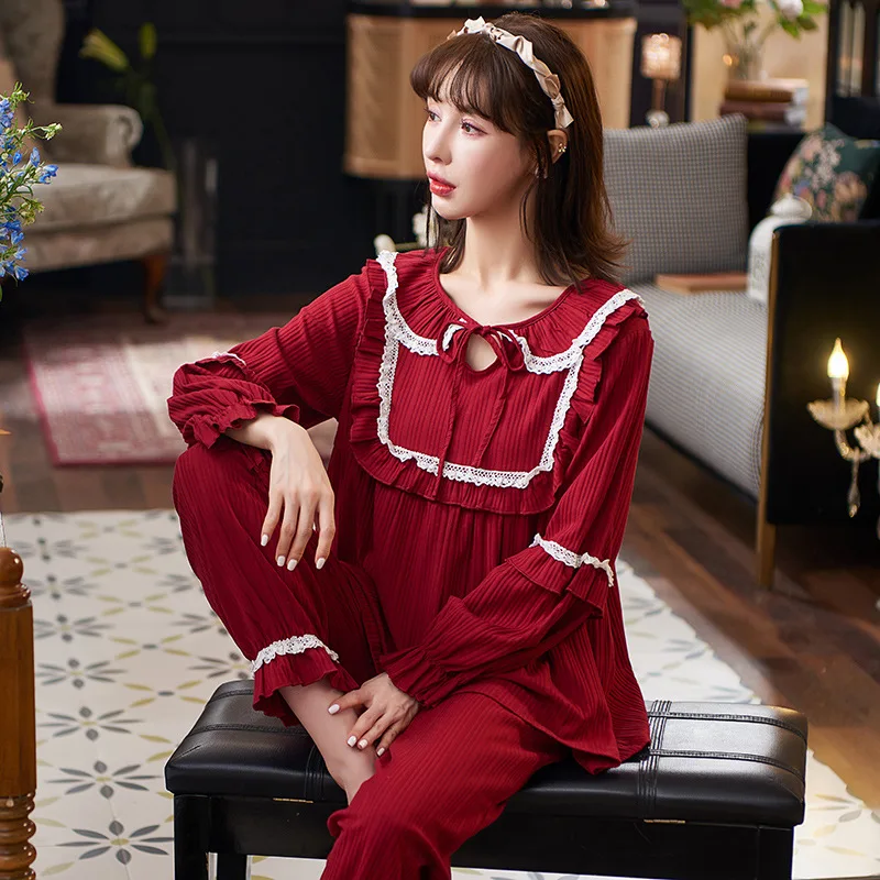 

Burgundy Bride Sleepwear Sexy Full Sleeve Nightwear Pullover Pajamas Sets 2PCS Lace Patchwork Pyjamas Suits O-neck Lounge Wear