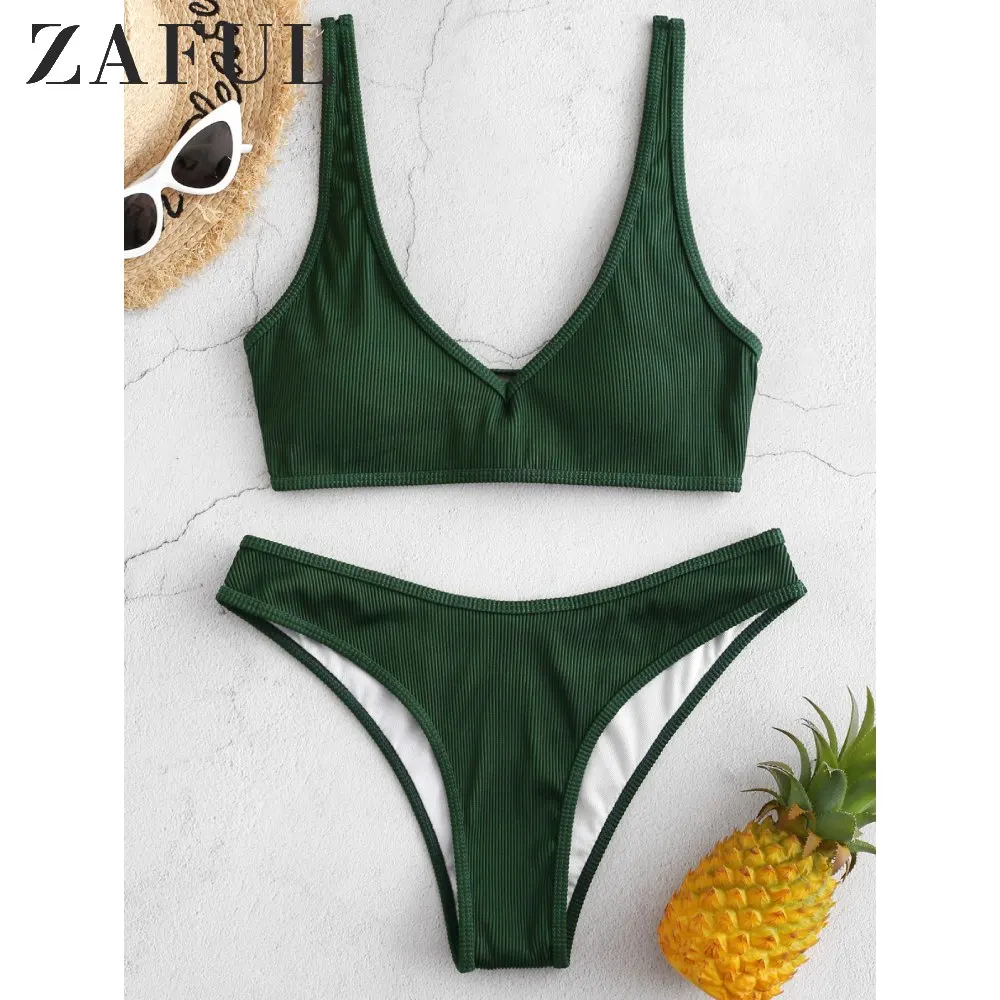ZAFUL Textured Ribbed Bikini Swimsuit 2020 Rib Special Fabric Strapping Waistcoat Removable Padded V Neck Two-Piece Suits | Спорт и