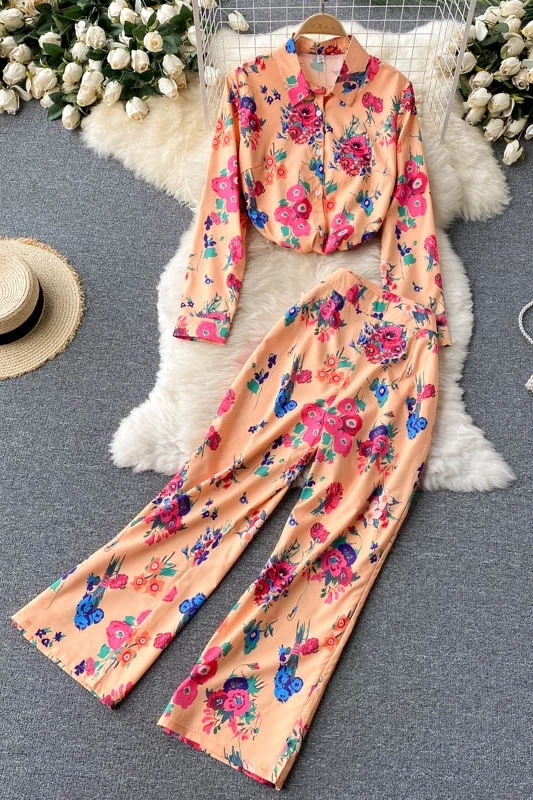 

Ladies Style Professional Suit Ladies Shirt Long Sleeve Wild Design Sense Printed Wide Leg Pants Yujie Fashion Two-piece Set