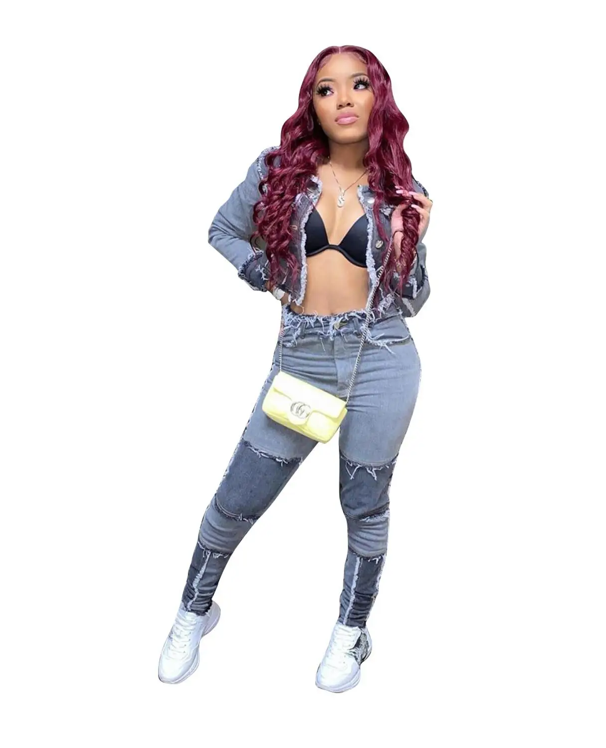 

2020 Autumn Vintage Jeans Two Piece Set Patchwork Washed Tassel Denim Suit Long Sleeve Jacket Crop Top Pencil Pants