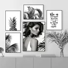 Черно-белая Красивая Картина на холсте с листьями, скандинавские растения, ананас, настенный художественный плакат и печать, минималистичный декор комнаты HB003