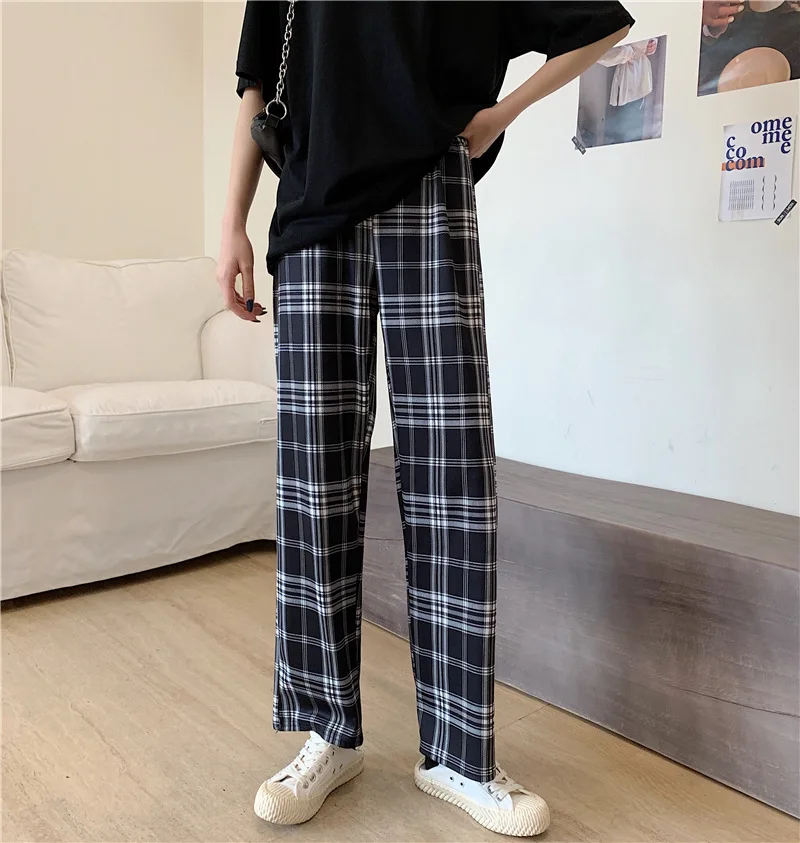 

Women Wide-leg Pants Fashion Casual Plaid Loose High Waist Student Straight Wide Leg Pants Long Vintage Streetwear Trousers 4XL