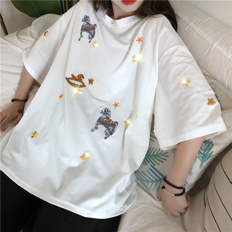 Женская футболка с короткими рукавами Shellsuning Повседневная из 100% хлопка вышивкой