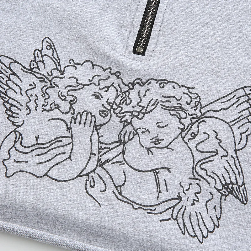 

Angel Printed Long Sleeve Cute Crop Top Short Hoodies Women Hooded Loose Casual Autumn Sweatshirt V Neck Zip High Street Hoody