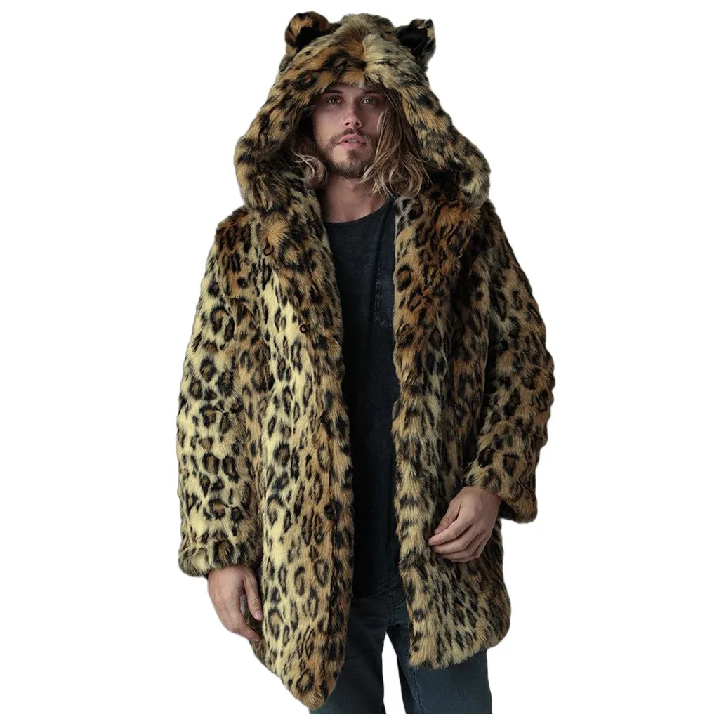 Роскошное зимнее мужское длинное пальто из искусственного меха с леопардовым
