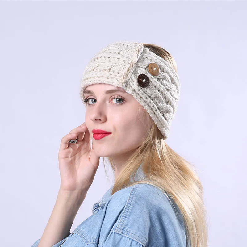 Новые женские зимние теплые вязаные повязки на голову с пуговицами крючком