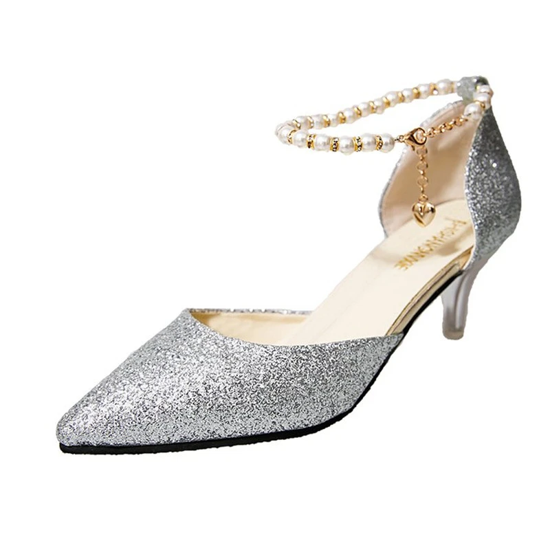 Блестящие блестящие туфли на шпильках с цепочкой из бисера Свадебные золотого