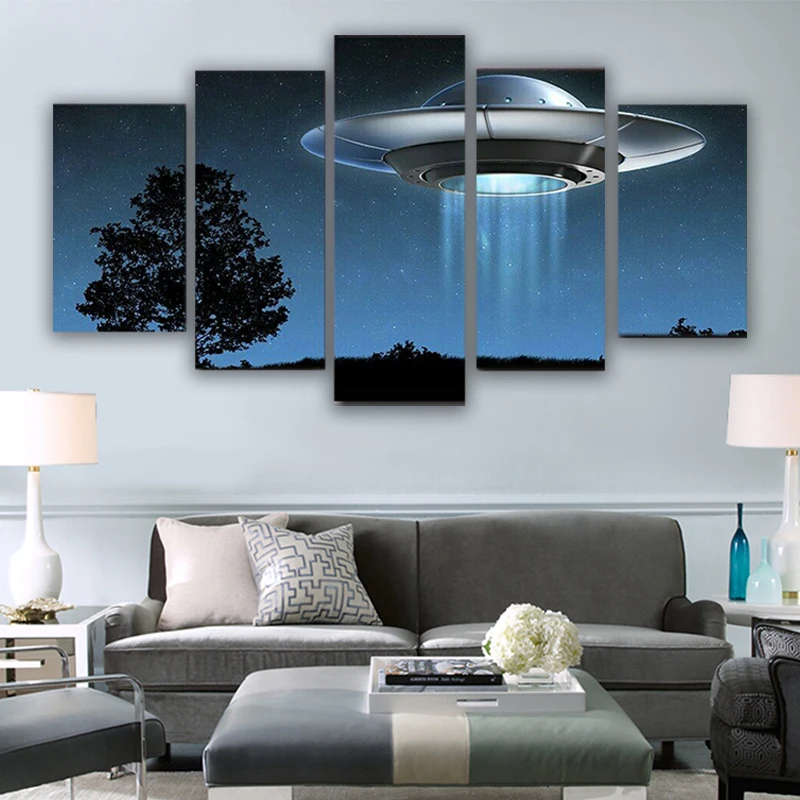 

5 Pieces Wall Canvas Painting Flying UFO Space Universe Posters Modern Living Room Bedroom Home Decoration Morular Pictures