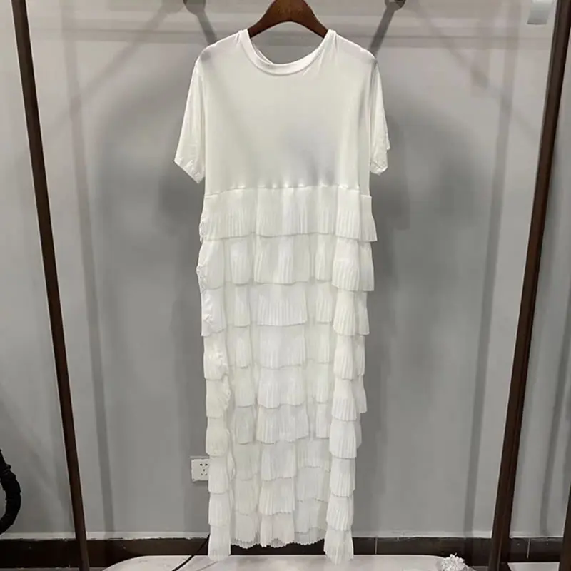 

XITAO Ruffle Dress White Pleated Goddess Fan Casual Style 2021 Summer Plus Size High Waist Patchwork Elegant Dress LDD1500