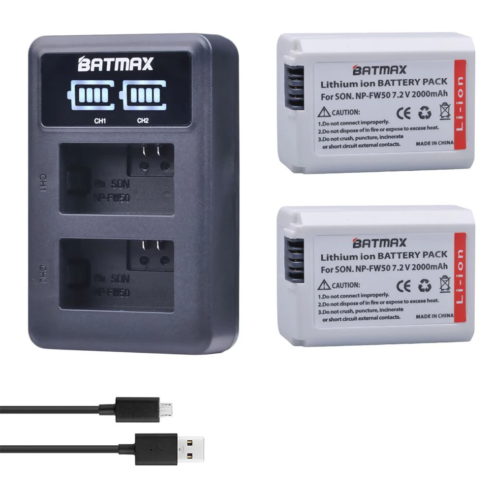 Batmax 2X2000 мА/ч, NP-FW50 NP FW50 Камера Батарея+ светодиодный двойной Зарядное устройство для sony Alpha 7 a7 7R a7R фотоаппаратов моментальной печати 7S a7S a3000 a5000 a6000