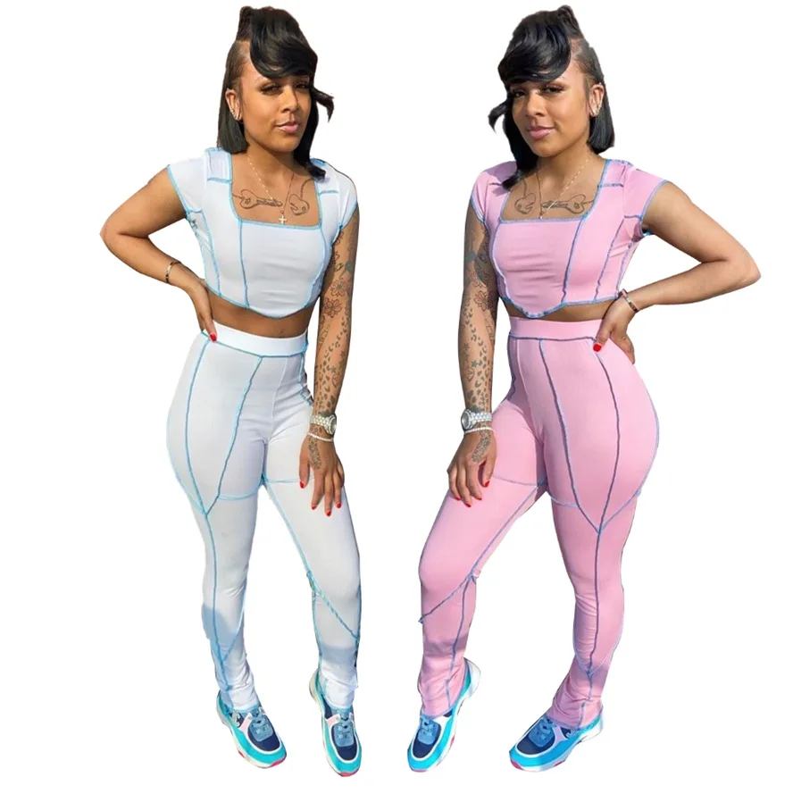 

Casual High Street White/Pink Two Piece Set Women Summer Sexy Bodycon Crop Top+Pencil Pants Matching Sets Tracksuit Female