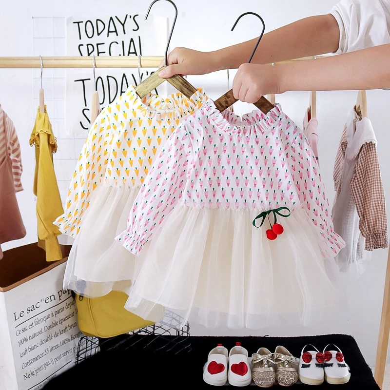 

Autumn Baby Girl Long Sleeve Stitching Fashion Princess Knee-Length Dress Printing Dress Skirt Cotton Casual Outfits Clothing