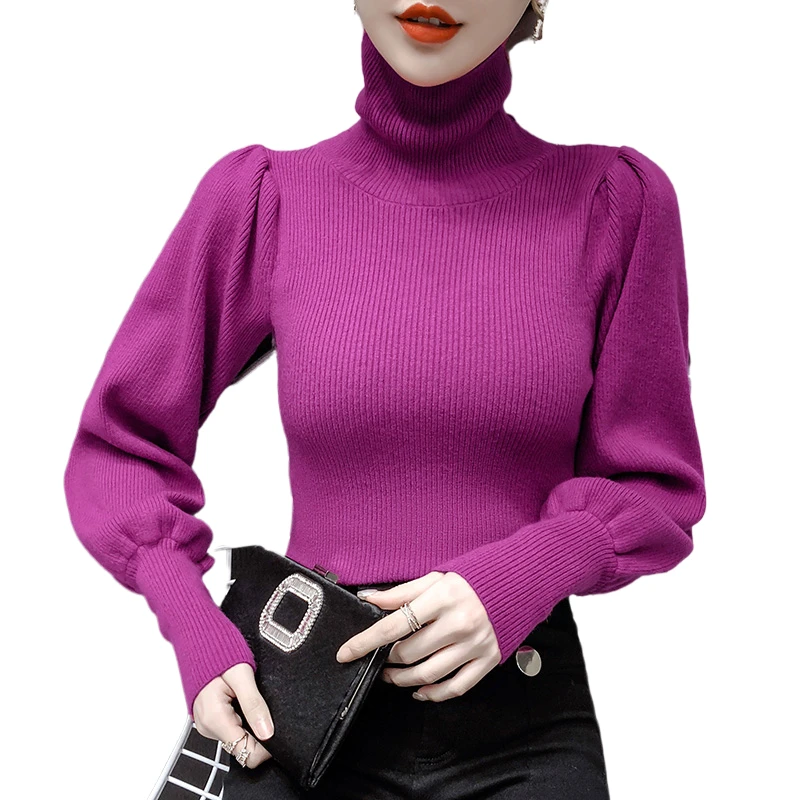 

Puff Sleeved Knitting Women Sweater Turtleneck Solid Slim Elegant Office Lady Pulls Outwear Coats Tops