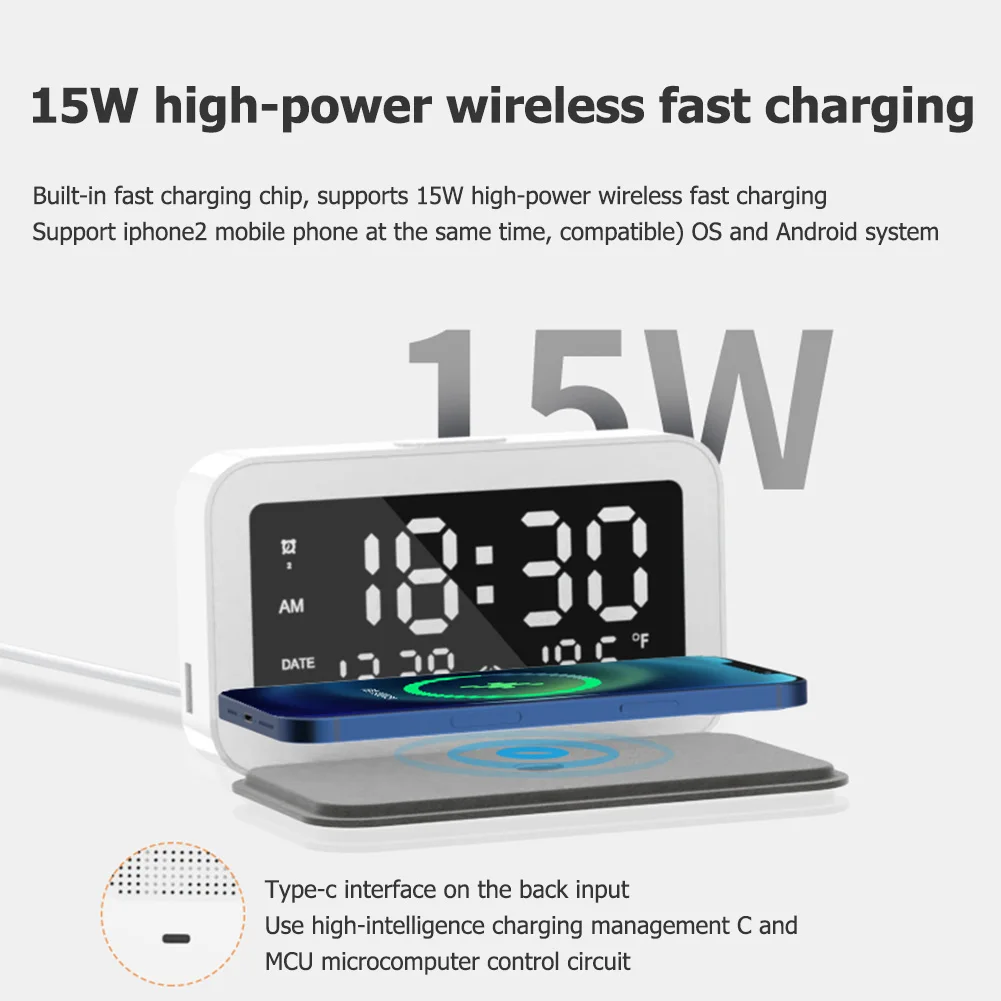 Digital Alarm Clock Bluetooth Speaker FM Radio Non Ticking with USB Charger &amp Wireless QI Charging 3 Level | Мобильные телефоны