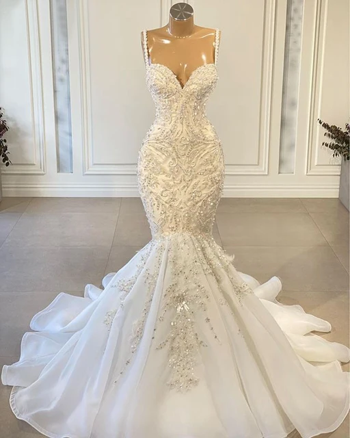 Luxury Mermaid African Women Wedding Dresses 2023 Beaded Embroidery Sexy White Vintage Lace Organza Bridal Wedding Gown 1 Luxury Mermaid African Women Wedding Dresses 2023 Beaded Embroidery Sexy White Vintage Lace Organza Bridal Wedding Gown 1