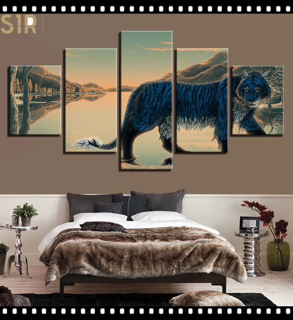 

Tiger Leopard Animal Beast Poster Wall Art HD Printed Canvas 5 Piecesr Poster Living Room Decoration Painting Wall Anime Decor