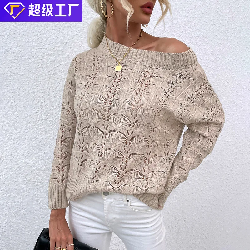 

Hollow knitted sweater 2022 new thin beach coverall bat sleeve off-shoulder sweater women