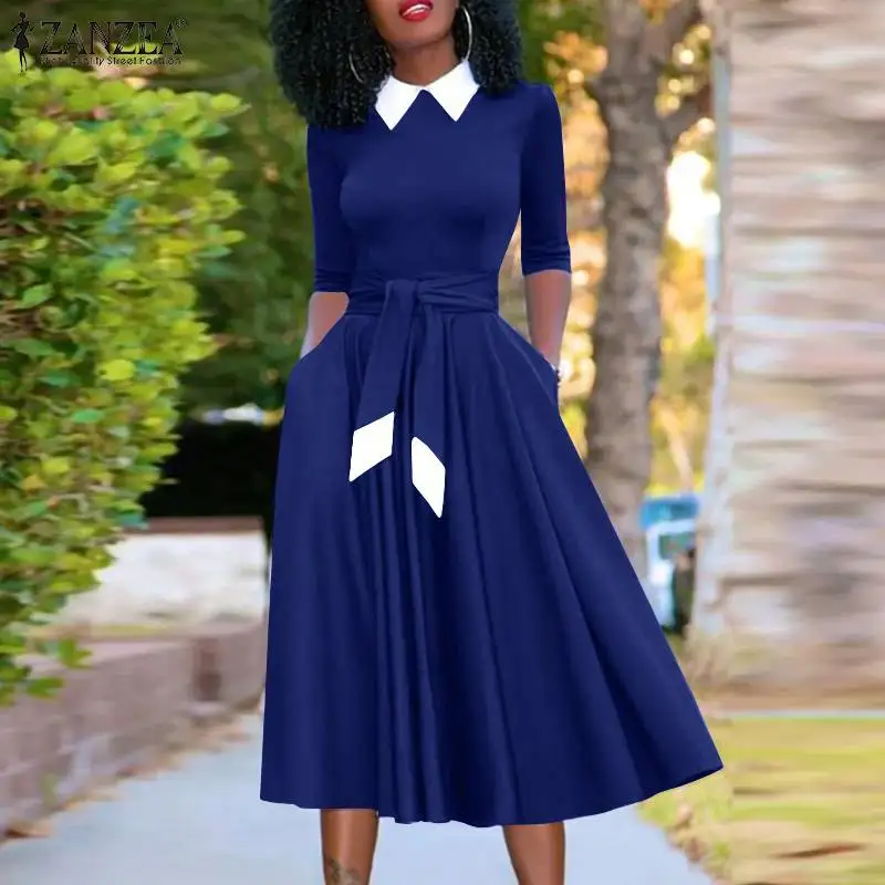 

Праздничный Ретро кафтан с поясом, стильный женвечерние вечерний сарафан, женское элегантное платье миди с длинным рукавом и отложным воро...